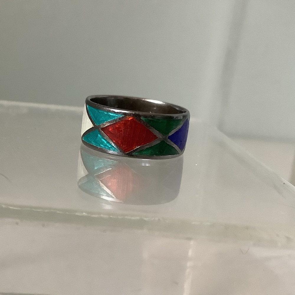 New vintage silver colourful harlequin cloisonné ring - Picture 7 of 12